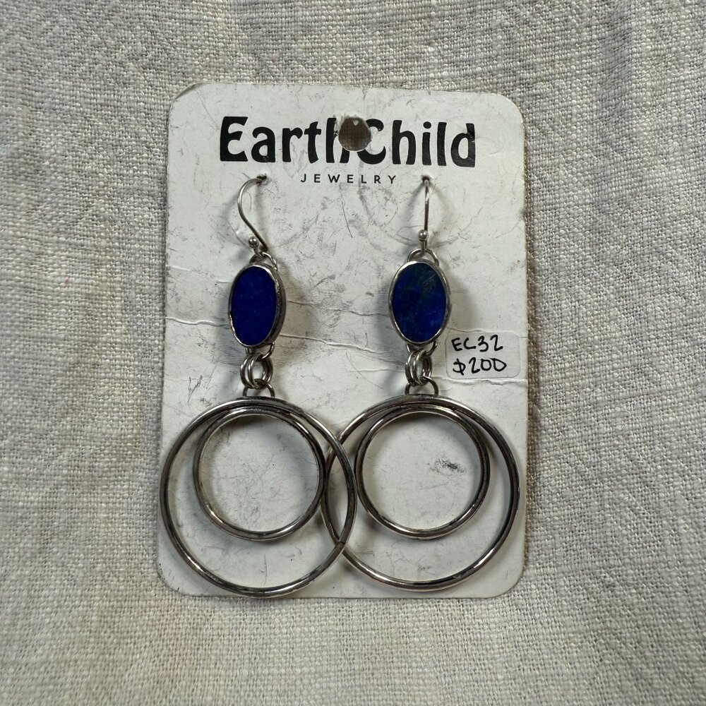 EarthChild Double Hoop Dangle Earrings With Lapis Lazuli Stone Statement Jewelry